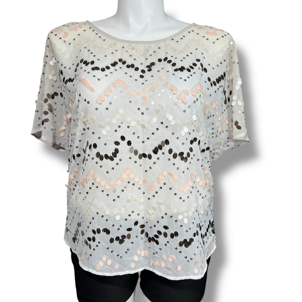 Jennifer Lopez Womens Blouse Top Shirt Sequin Chevron Pattern Pullover Gray XL